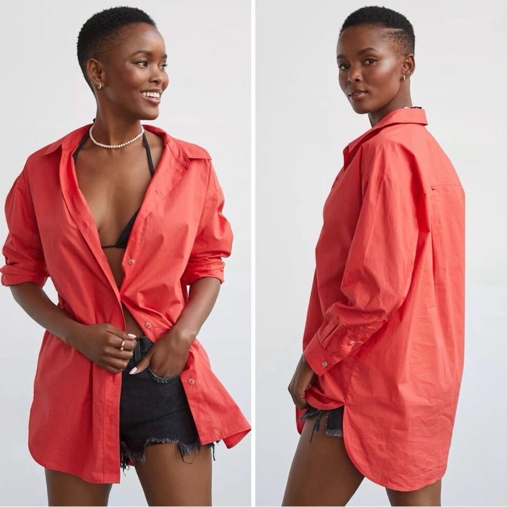 Anthropologie NWT red orange Poplin Button-Up Shirt medium petite